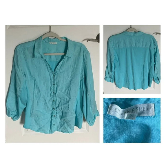 Eileen Fisher Blue Irish Linen organic cotton Button Up Blouse 29446 - Picture 1 of 14